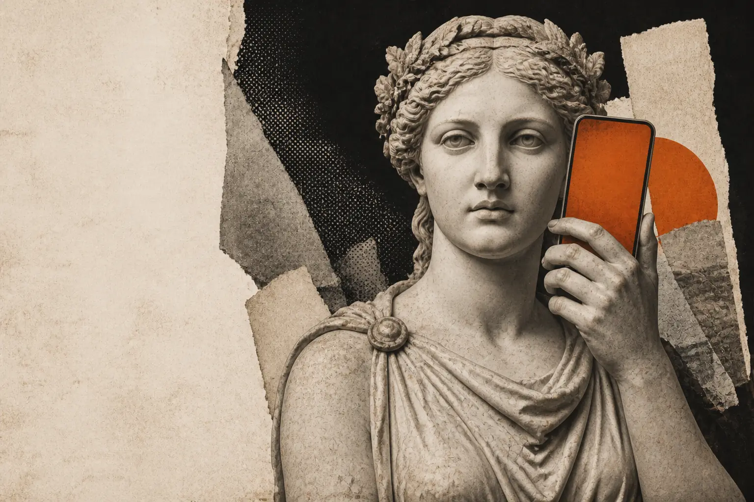 Figura clásica con un teléfono contemporáneo, como símbolo de presencia visible